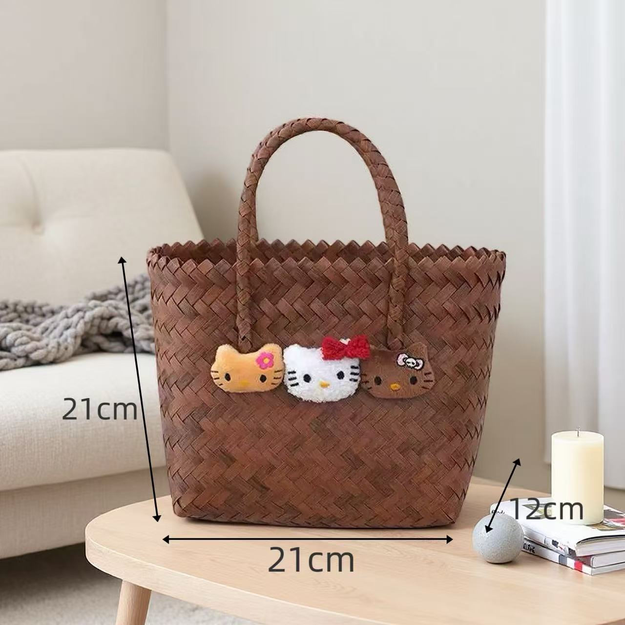 KT Cat Hand-Woven Rattan Basket Bag - Cute Cartoon Straw Beach Tote
