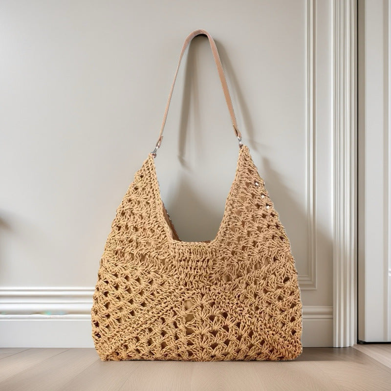 Paper Rope Crochet V-Shape Straw Beach Bag - Versatile Single Shoulder Tote