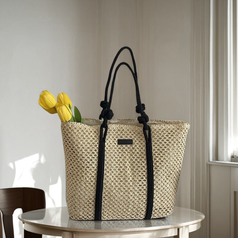 Hollow Paper Rope Woven Tote Bag - Large Capacity Shoulder Bag for Beach & Commute