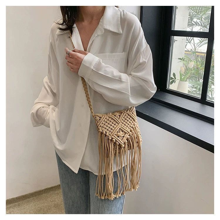 Tassel Cotton Rope Hand-Woven Bag - Ethnic Style Square Shoulder Crossbody Bag