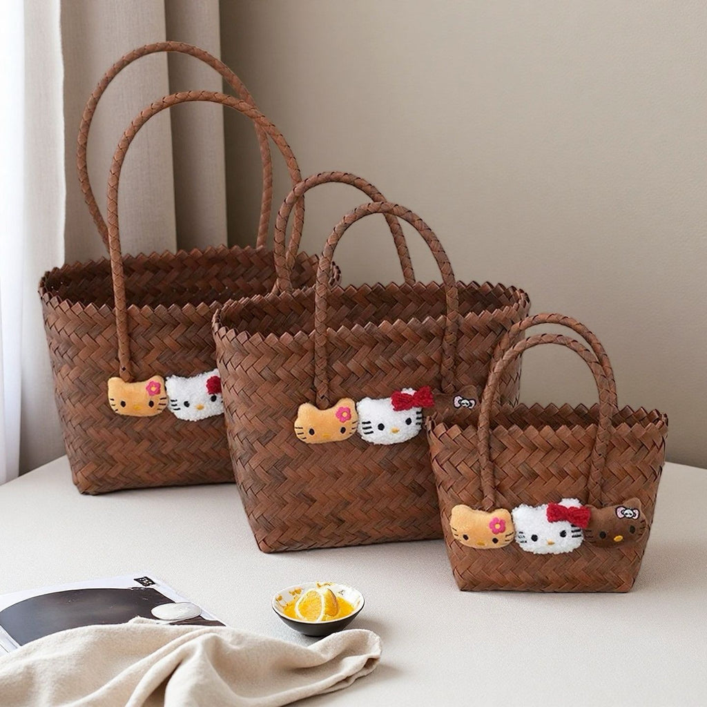 KT Cat Hand-Woven Rattan Basket Bag - Cute Cartoon Straw Beach Tote