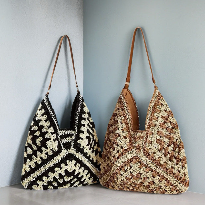 Paper Rope Crochet V-Shape Straw Beach Bag - Versatile Single Shoulder Tote