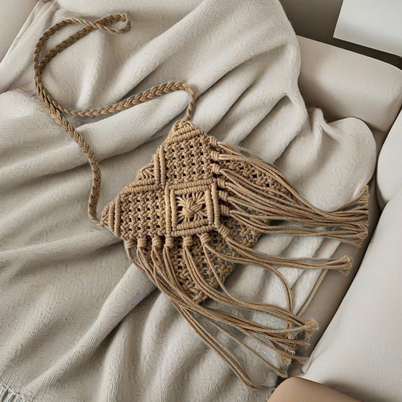 Tassel Cotton Rope Hand-Woven Bag - Ethnic Style Square Shoulder Crossbody Bag