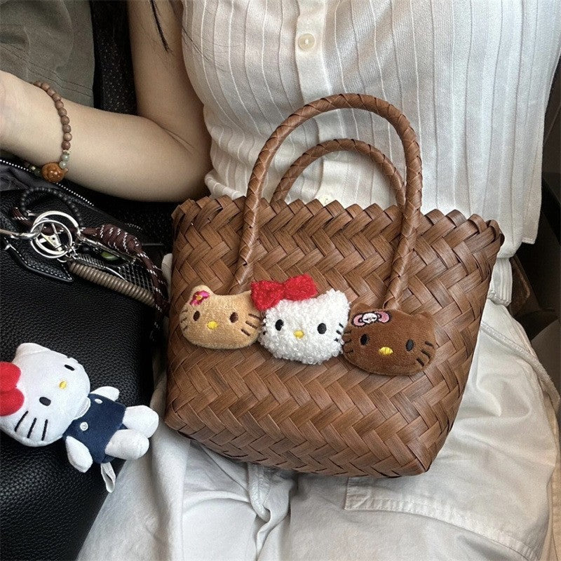 KT Cat Hand-Woven Rattan Basket Bag - Cute Cartoon Straw Beach Tote