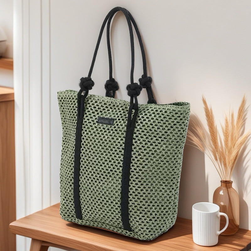 Hollow Paper Rope Woven Tote Bag - Large Capacity Shoulder Bag for Beach & Commute