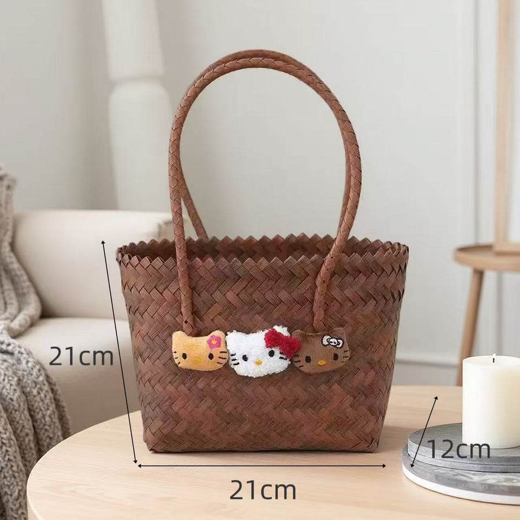 KT Cat Hand-Woven Rattan Basket Bag - Cute Cartoon Straw Beach Tote