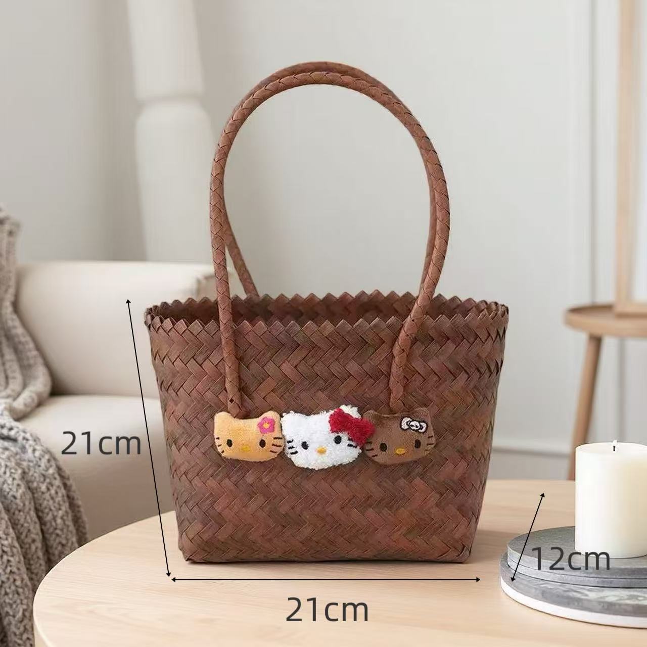 KT Cat Hand-Woven Rattan Basket Bag - Cute Cartoon Straw Beach Tote