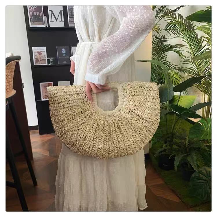 Women's Straw Beach Bag - Semi-Circle Hand-Woven Handbag, Vacation Tote