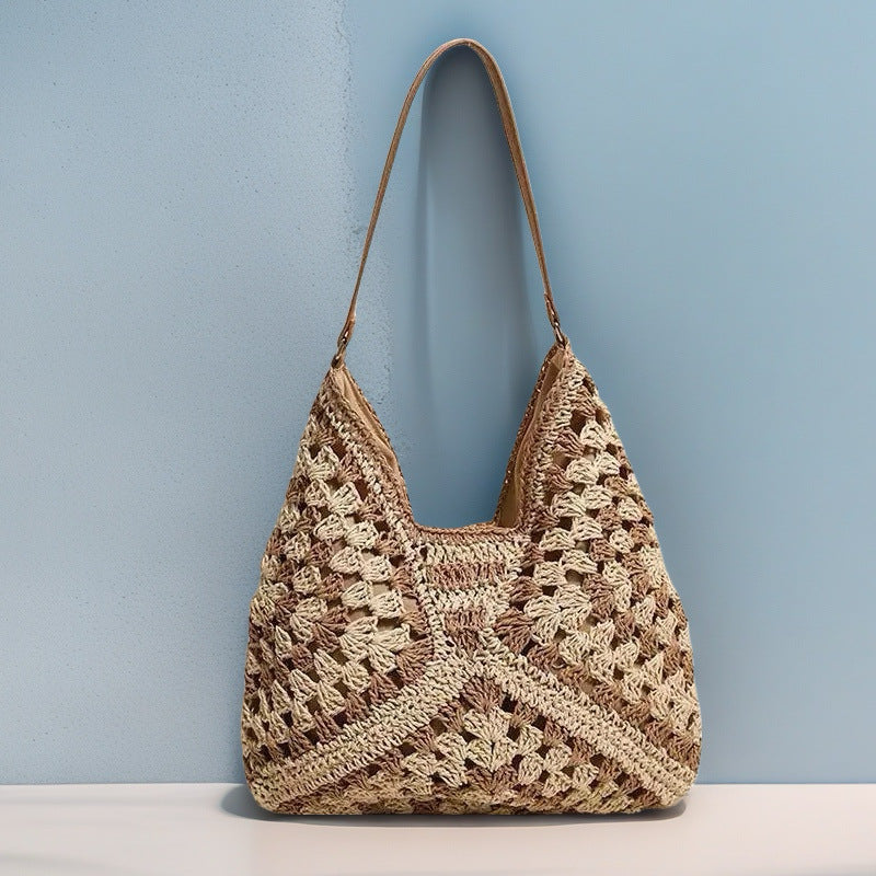 Paper Rope Crochet V-Shape Straw Beach Bag - Versatile Single Shoulder Tote