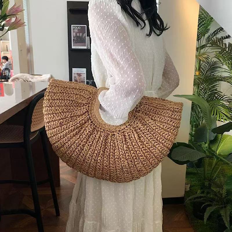 Women's Straw Beach Bag - Semi-Circle Hand-Woven Handbag, Vacation Tote