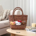 KT Cat Hand-Woven Rattan Basket Bag - Cute Cartoon Straw Beach Tote