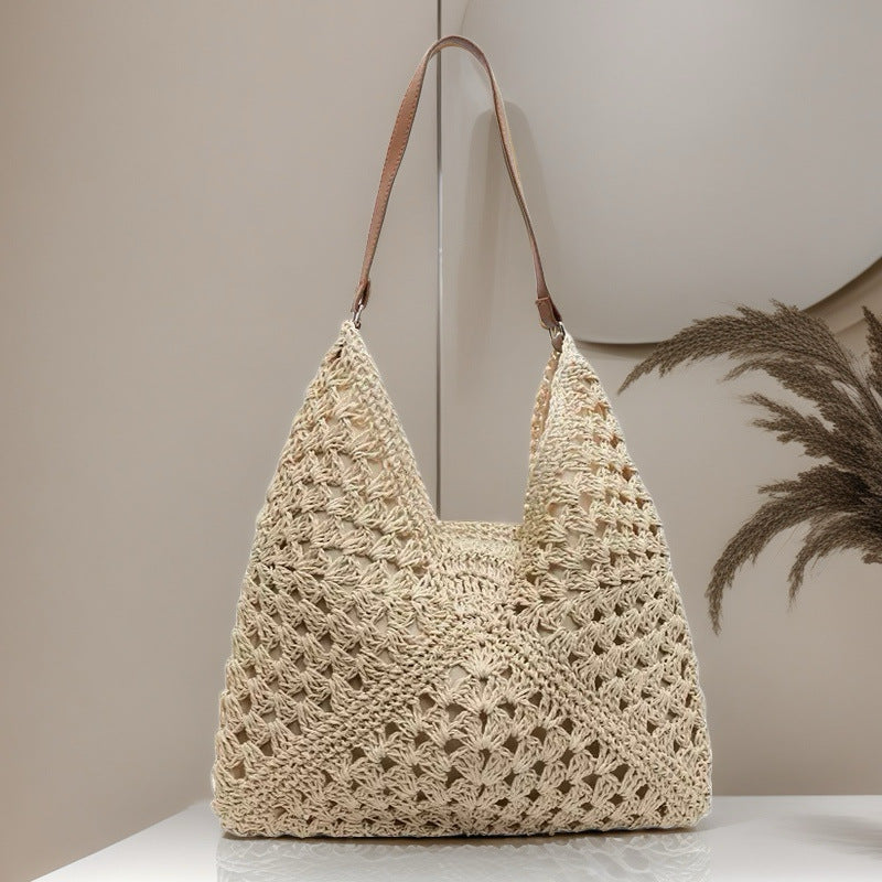 Paper Rope Crochet V-Shape Straw Beach Bag - Versatile Single Shoulder Tote