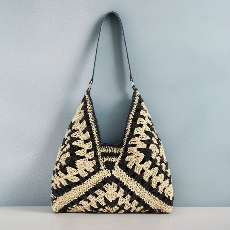 Paper Rope Crochet V-Shape Straw Beach Bag - Versatile Single Shoulder Tote