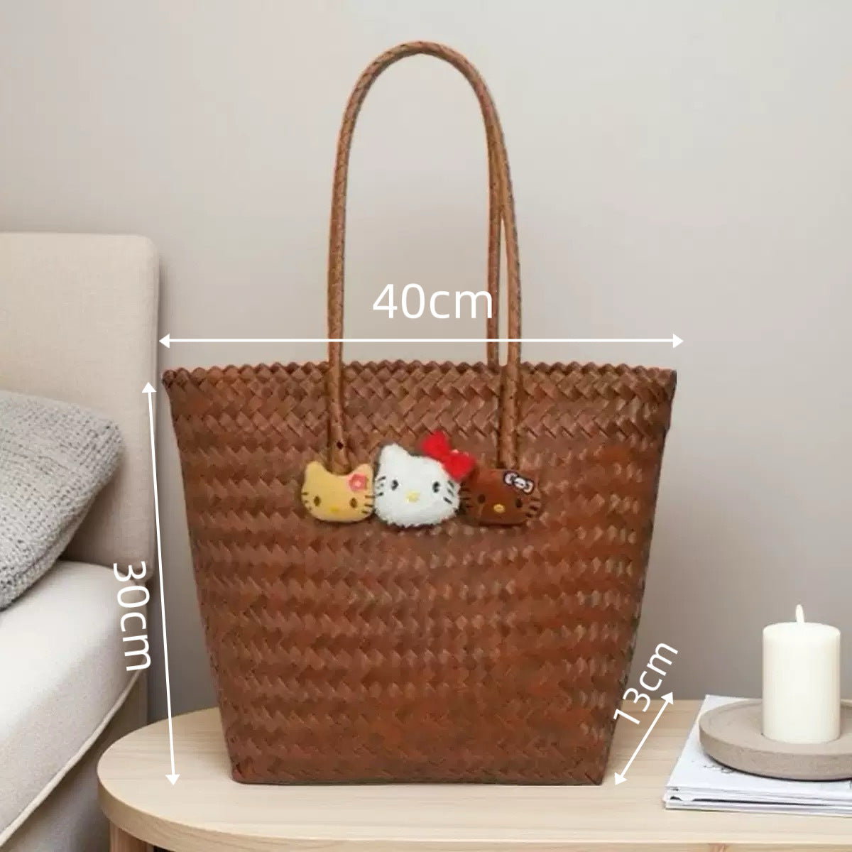 KT Cat Hand-Woven Rattan Basket Bag - Cute Cartoon Straw Beach Tote