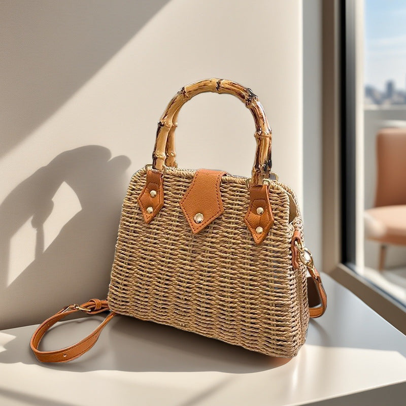 Light Luxury Bamboo Woven Square Bag - Iron Frame Crossbody Shoulder Bag