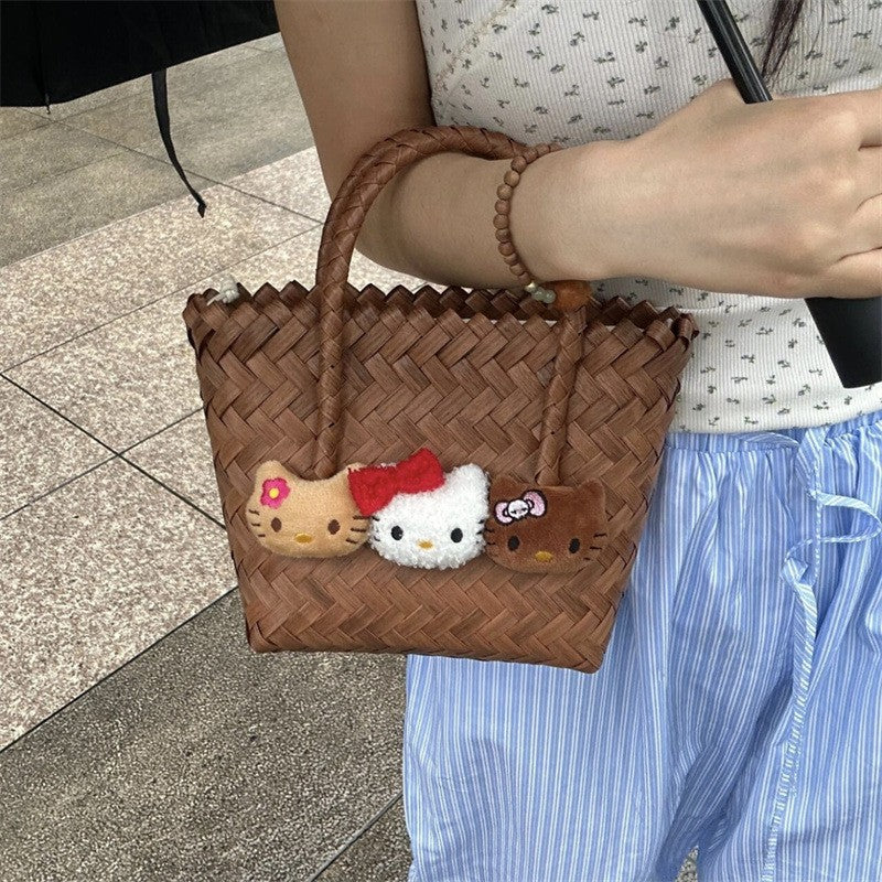 KT Cat Hand-Woven Rattan Basket Bag - Cute Cartoon Straw Beach Tote