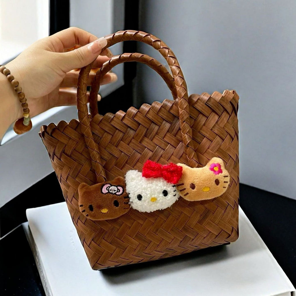 KT Cat Hand-Woven Rattan Basket Bag - Cute Cartoon Straw Beach Tote