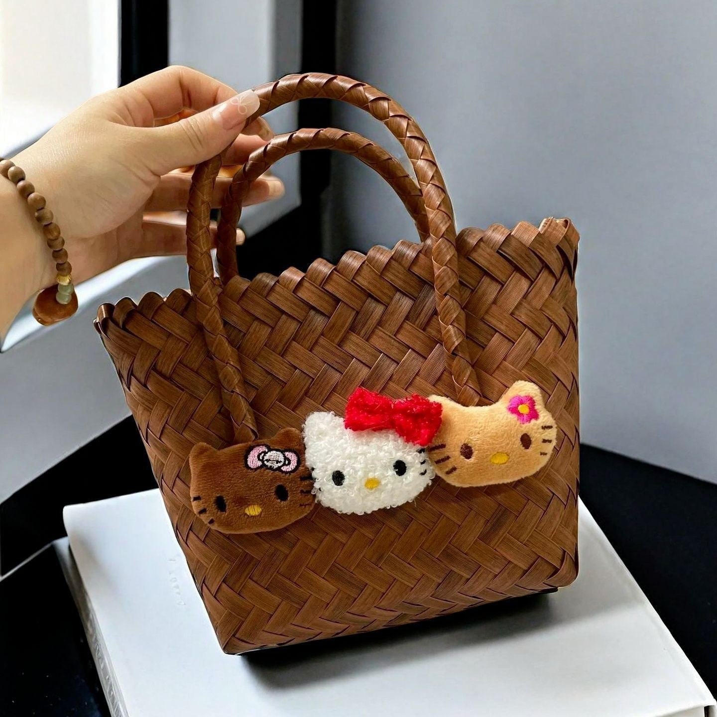 KT Cat Hand-Woven Rattan Basket Bag - Cute Cartoon Straw Beach Tote