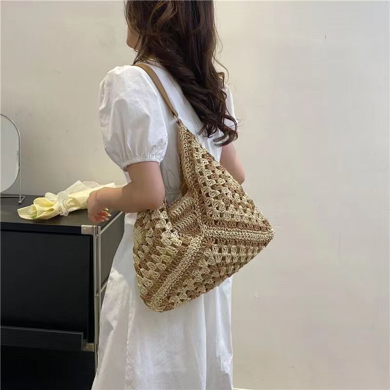 Paper Rope Crochet V-Shape Straw Beach Bag - Versatile Single Shoulder Tote