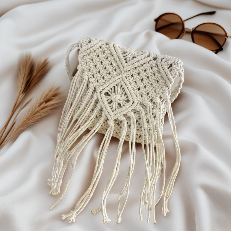 Tassel Cotton Rope Hand-Woven Bag - Ethnic Style Square Shoulder Crossbody Bag