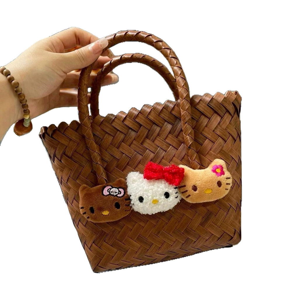 KT Cat Hand-Woven Rattan Basket Bag - Cute Cartoon Straw Beach Tote
