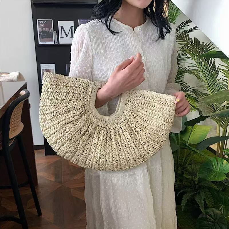 Women's Straw Beach Bag - Semi-Circle Hand-Woven Handbag, Vacation Tote