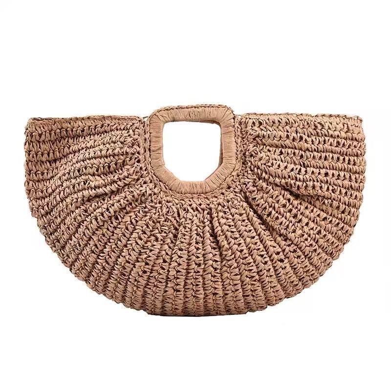 Women's Straw Beach Bag - Semi-Circle Hand-Woven Handbag, Vacation Tote