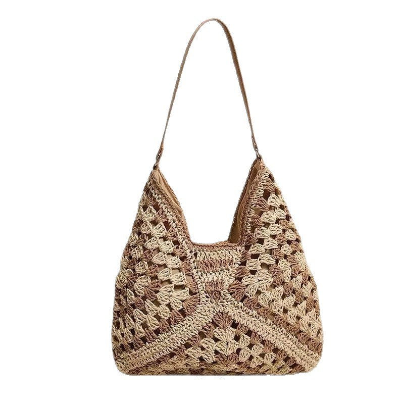 Paper Rope Crochet V-Shape Straw Beach Bag - Versatile Single Shoulder Tote