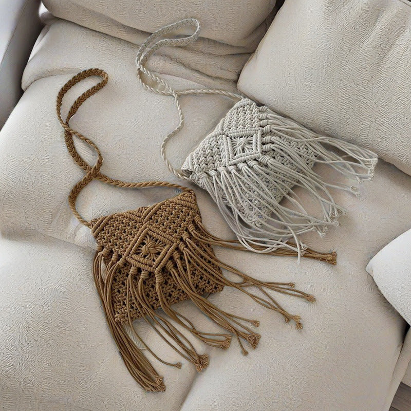 Tassel Cotton Rope Hand-Woven Bag - Ethnic Style Square Shoulder Crossbody Bag