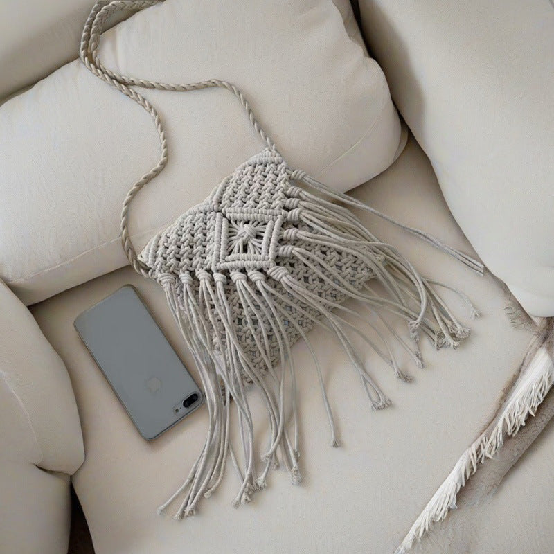 Tassel Cotton Rope Hand-Woven Bag - Ethnic Style Square Shoulder Crossbody Bag