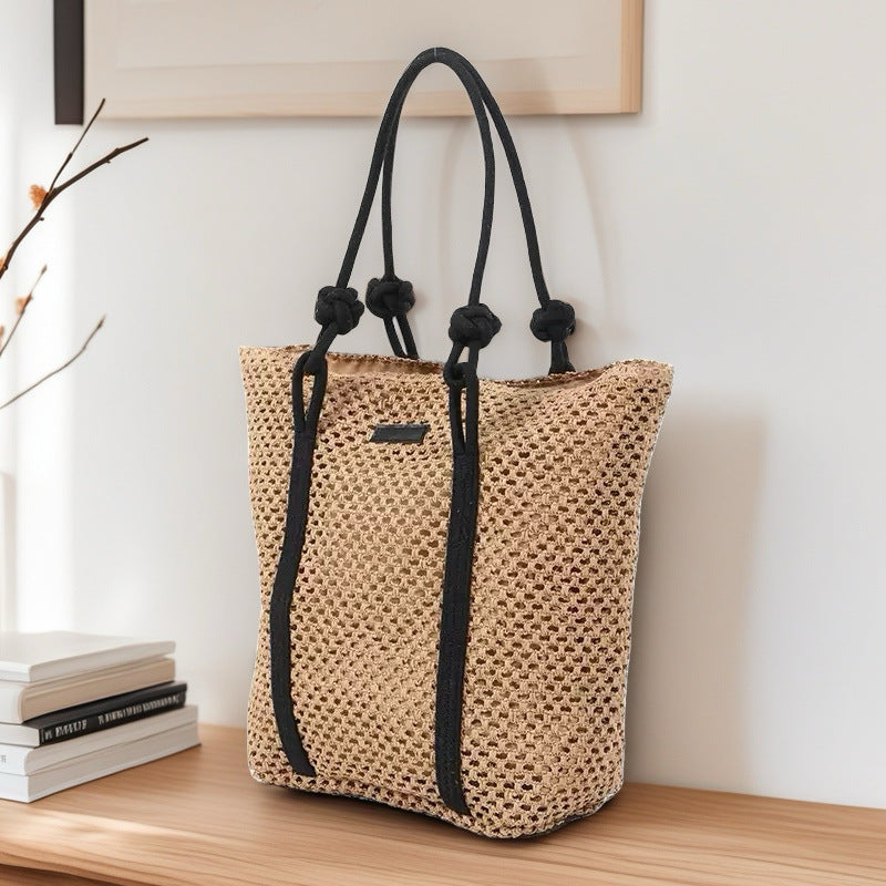 Hollow Paper Rope Woven Tote Bag - Large Capacity Shoulder Bag for Beach & Commute